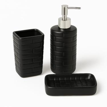 Imagem de Conjunto Banheiro - 3 Peças em Porcelana com Textura Sofisticada, Organizador com Dispenser, Porta-Escovas e Saboneteira (Preto)