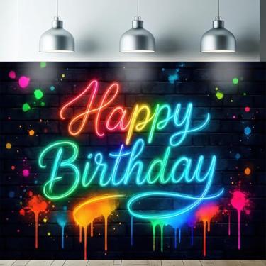 Imagem de Starlit Patio Tapeçaria de feliz aniversário neon 188 x 159 cm faixa de aniversário brilha no escuro para meninos meninas adultos festa UV reativa luz negra pano de fundo trippy psicodélico decoração