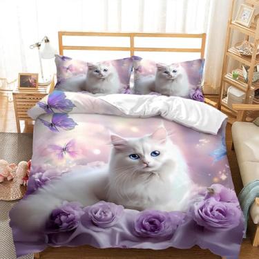 Imagem de AILONEN Conjunto de capa de edredom para meninas, gato, gatinho, tamanho Queen, roxo, rosa, borboleta, gato, princesa, crianças, capa de edredom de gato branco com 2 fronhas, 3 peças
