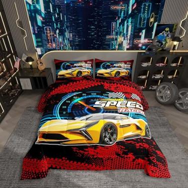 Imagem de Jogo de cama infantil de carro de corrida para meninos, solteiro, decoração de quarto de carro de corrida, painel de velocidade, esportes radicais, preto e branco, conjunto de cama de búfalo
