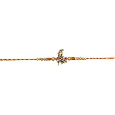 Imagem de Krishna Rakhi tradicional com contas de madeira e fio Mauli – Pulseira Rakhi artesanal para irmão – Presente Raksha Bandhan