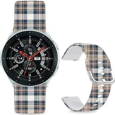 Imagem de Sjiangqiao Pulseiras estampadas de padrão compatíveis com Samsung Galaxy Watch de 46 mm/Watch 3 de 45 mm/Gear S3 Frontier/Classic/Pebble Time/V de 22 mm para homens e mulheres (xadrez amarelo e azul)