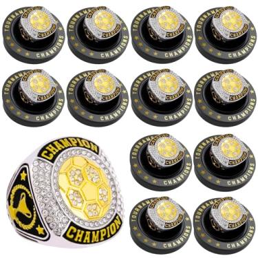 Imagem de daijbling 12 peças de anel de campeonato de futebol bola esportiva troféu presente com corrente de pescoço de exibição e suporte para campeão de torneio ou campeão da liga (12 anéis de futebol de ouro