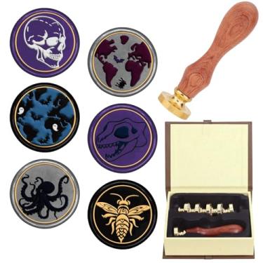 Imagem de CRASPIRE Carimbo de cera de caveira 6 peças 25 mm cabeças de carimbo de vedação + 1 peça cabo de madeira Halloween dinossauro crânio abelha polvo padrão selo de cera carimbo de cera para festas de fim