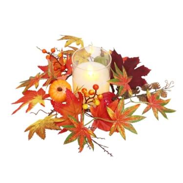 Imagem de ZHUIGUANGZE Anel de vela de outono de Ação de Graças, grinalda, folhas de bordo artificiais, mini guirlandas de outono, bagas de abóbora, suporte de vela, guirlanda, mesa, centros de mesa, pilares