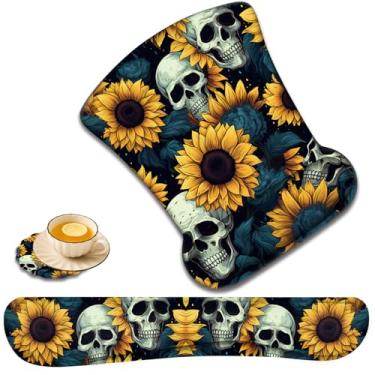 Imagem de Descanso de pulso para teclado e mouse pad suporte de pulso com conjunto de porta-copos em forma de renda, espuma viscoelástica de gel ergonômico e base antiderrapante, digitação fácil e alívio da dor