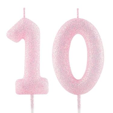 Imagem de Vela de aniversário de 10 anos rosa número 10 velas luminosas para bolo decorações de feliz aniversário para meninas, meninos, mulheres, comemorações, artigos de festa
