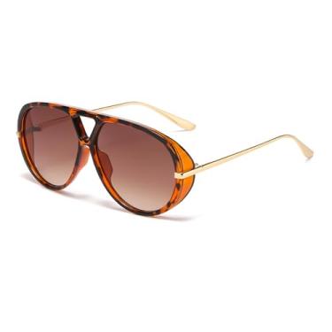 Imagem de Azoxus Óculos de sol aviador femininos grandes modernos retrô grandes óculos de sol escudos laterais chiques, Armação com estampa de leopardo/lente marrom gradiente, oversized