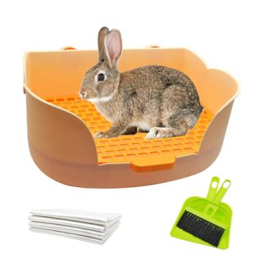 Imagem de PINVNBY Caixa de areia grande para coelhos, canto de treinamento de penico de coelho de plástico removível cama de coelho panela de animal de estimação com grade para ouriço chinchila furão (laranja)