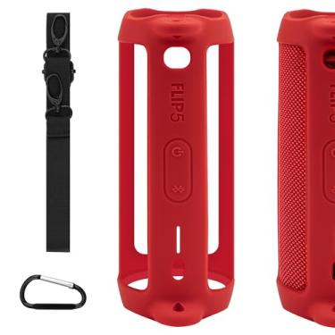 Imagem de Geekria Capa de silicone para alto-falante compatível com JBL Flip 5, película protetora macia, bolsa de substituição para alto-falantes portáteis para transporte de viagem com gancho para chaveiro e