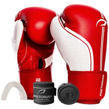 Imagem de Kit Luva de Boxe Muay Thai Kickboxing First FX1 Pretorian + Bandagem + Protetor Bucal - Escolha o seu Modelo (Vermelho e Branco, 14oz)