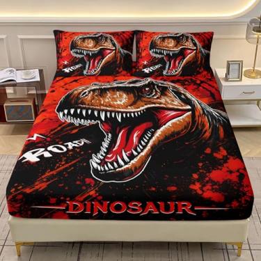 Imagem de AILONEN Jogo de lençol solteiro para meninos, desenho animado de dinossauro, vermelho e preto, lençol com elástico com 2 fronhas, 3 peças