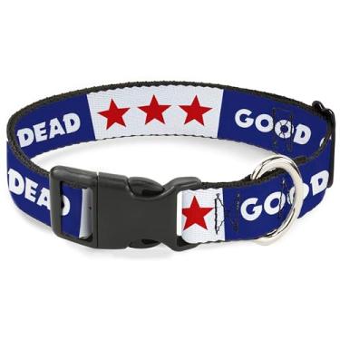 Imagem de Coleira para animais de estimação Grateful Dead, fivela de plástico para coleira de cachorro, texto Good Ol Grateful Dead e estrelas azul branco vermelho, 28 a 40 cm de largura