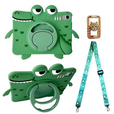 Imagem de Capa infantil de dinossauro verde com alça para iPad Mini 7 (A17 Pro) 2024/Mini 6 2021 21.1 cm, 3D Kawaii gira gira rotação 360 com suporte de dinossauro crianças meninas meninos mulheres capa de