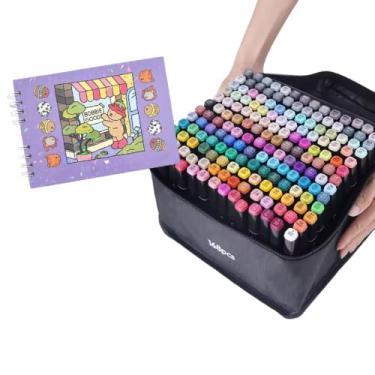 Imagem de Kit de Canetas Para Pintar Desenho 120 Cores, Ponta Dupla 0,1mm e 6mm, com Livro de Colorir Urso Bob Roxo, Estojo Organizador