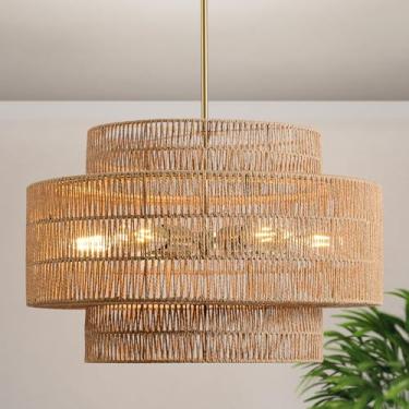 Imagem de InterMaka Lustre de vime grande Boho de 61 cm, luminária pendente tecida à mão grande de 6 luzes, lustres rústicos para cozinha, quarto, sala de jantar, sala de estar, corredor, hall de entrada