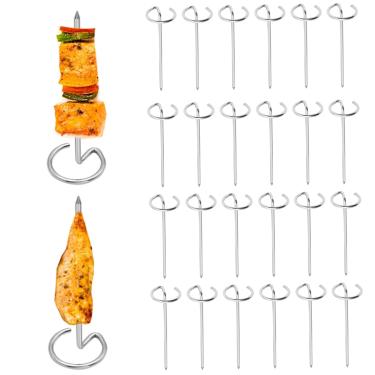 Imagem de Espetos de churrasco de aço inoxidável, 24 peças de palitos redondos de metal reutilizáveis, acessórios de churrasco curtos para grelhar, assar e acampar