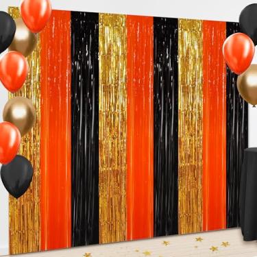 Imagem de BEISHIDA 3 peças de cortina com franja dourada laranja preta para porta de pano de fundo para decoração de festa de construção, materiais de festa de aniversário (1 m x 2 m)