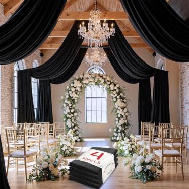 Imagem de Cortina de teto preta de 6 m × 6 m para casamentos, festas, tecido drapeado de poliéster sem rugas, cortina preta para festa, barraca, hotel, banquete, salão, decoração de teto, 4 painéis, 1,5 x 20 m