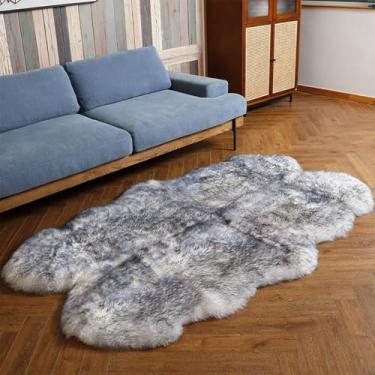 Imagem de CAERJONA Tapete super macio de pele de carneiro genuína para sala de estar e quarto, capas de assento de cadeira, cobertor de sofá, decoração de casa (branco cinza gradiente, 1,1 x 1,8 m)