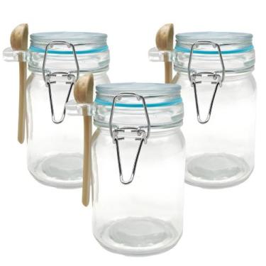 Imagem de Kit 3 Pote Hermético De Vidro Com Trava e Colher de Bambu Redondo 280m