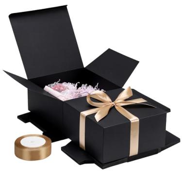 Imagem de EUSOAR Caixas de presente para presentes, 10 peças, caixa de presente resistente de papelão de 20,3 x 20,3 x 10,2 cm, preta, 400 g/m², caixa de presente resistente com fita, padrinhos de casamento