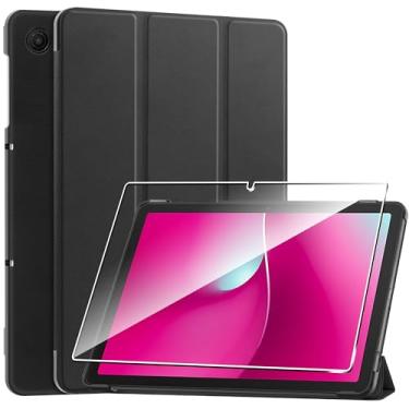 Imagem de Capa para T-Mobile REVVL Tab 2 5G, capa protetora com [1 unidade] protetor de tela de vidro temperado, [couro PU] [proteção ultrafina] [função de suporte] [antiarranhões] - preta