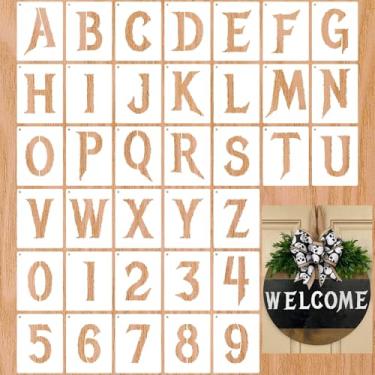 Imagem de Estêncil de letras de Halloween de 7,6 cm para pintura, 36 peças, estêncil de número do alfabeto reutilizável para madeira, parede, placa, projetos de arte DIY