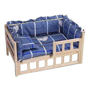 Imagem de OQOPO Casa de cachorro Cama de madeira para cães com corrimão Cama para animais de estimação com colchão macio e almofada, canil para cães médios, uso interno ou externo, cama dupla para cães