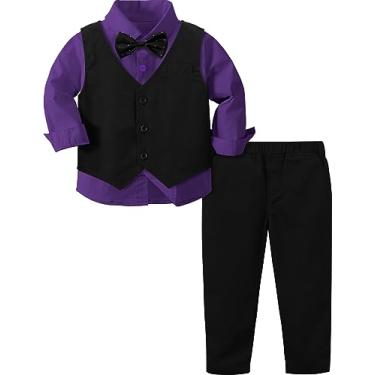 Imagem de A&J DESIGN Roupa de cavalheiro para meninos e bebês, 3 peças, camisa e calça e colete formal para smoking, Roxa, 12-18 meses
