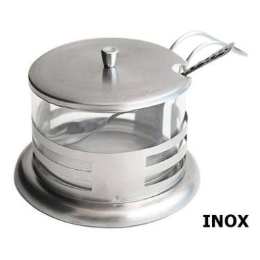 Imagem de Açucareiro Inox E Vidro Café Chá Açucar Com Tampa E Colher - SUGAR