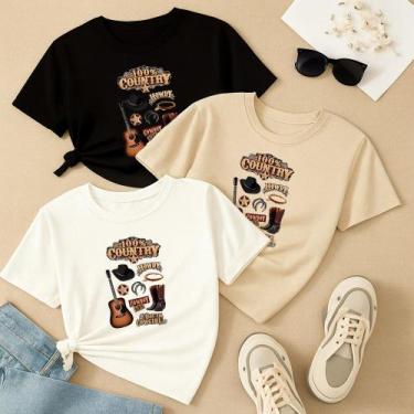 Imagem de Kit com 3 Camisetas Femininas Estampadas 100% Country Conjunto Lindo M