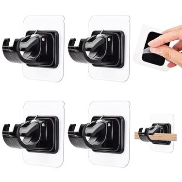 Imagem de AccEncy 4 peças de suportes de varão de cortina sem broca, suportes autoadesivos, ganchos adesivos sem ganchos de perfuração para parede, banheiro, cozinha (preto)