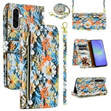 Imagem de Dswteny Capa carteira para Samsung Galaxy A56 5G com alça de pulso removível, bolsa com zíper floral couro PU suporte suporte para cartão acessórios capa de celular para A 56 56A LTE mulheres homens