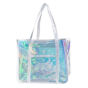 Imagem de TotePrint Bolsa de praia holográfica com estampa de estrelas - Bolsa feminina iridescente de PVC impermeável aprovada para estádios, A23016-d2051-10-437, Large, Bolsa de praia