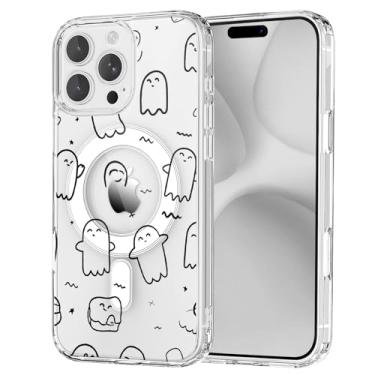 Imagem de OFQKOAKS Capa para iPhone 15 Pro Max, compatível com MagSafe, linda capa de telefone magnética assustadora de fantasmas pretos de Halloween, capa protetora fina e macia transparente para iPhone 15 Pro