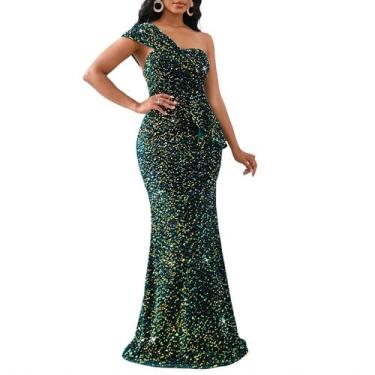 Imagem de Vestido maxi Cololura, lantejoulas, um ombro, verde sereia, feminino
