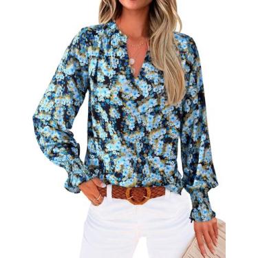 Imagem de Blusa feminina MASCOMODA com decote em V, floral, manga comprida, chif