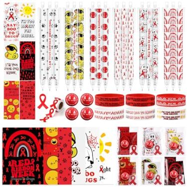 Imagem de Epakh Conjunto de 30 conjuntos de fita vermelha para conscientização da semana diga não às drogas, bloco de notas, esferográfica, pulseira sem drogas, bola de estresse, fita vermelha, adesivo de