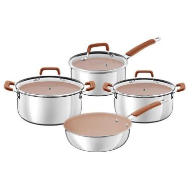 Imagem de Jogo De Panelas Tramontina Romagna Aço Inox Com Revestimento Interno Cerâmico Marfim 4 Peças