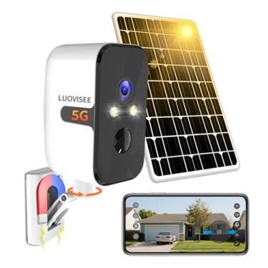 Imagem de Luovisee Câmeras WiFi 2,4/5G para segurança doméstica com painel solar, câmera de segurança magnética panorâmica de 180° sem fio, sem taxa mensal, detecção de movimento, funciona com Alexa, IP65 à