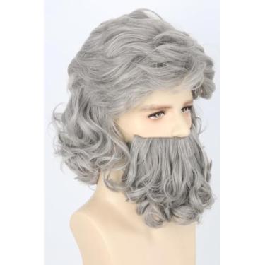 Imagem de LeMarnia Conjunto de peruca e barba para homens velhos, ondulado, cinza, feiticeiro, clássico, cinza, barba de Papai Noel e avô, para festa de Natal e carnaval