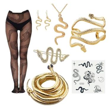 Imagem de XHBTS Conjunto de 8 brincos de pulseira de cobra, prendedor de cabelo e meia-calça arrastão de cobra, adesivos de tatuagem, pulseira dobrável, gargantilha S, colar para festa de Halloween