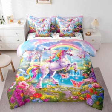 Imagem de Conjunto de cama solteiro de unicórnio arco-íris, castelo de conto de fadas, jardim de primavera, floral, 1 edredom, 1 lençol com elástico, 1 lençol de cima, 2 fronhas, 2 fronhas