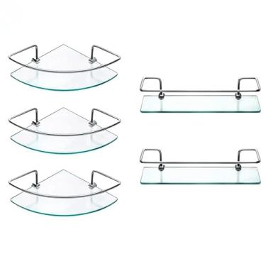 Imagem de Kit Prateleiras de Vidro para Banheiro, 3 Cantoneiras 6mm + 2 Retas 30cm, Suporte Alumínio Polido