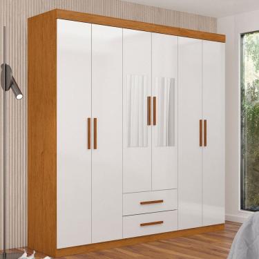 Imagem de Guarda-Roupa Solteiro Aurora 6 Portas 2 Gavetas com Espelho Cinamomo/Branco - Carioca Móveis
