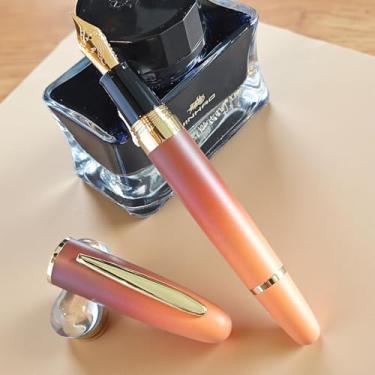 Imagem de zhongyuansu Caneta-tinteiro de metal de luxo – barril pesado com acabamento dourado, ponta lisa e sistema de tinta recarregável – Caneta executiva para negócios, escritório e presente (café gradiente)