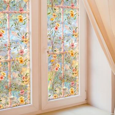 Imagem de Película de privacidade para janela, decoração decorativa de flores e plantas, adesivos de janela de vitral dupla face para casa, sala de estar, banheiro, vidro, janela, porta, 100 x 40 cm (flor