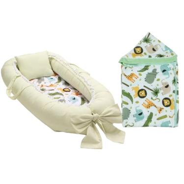 Imagem de Toalha De Banho Infantil Menino + Ninho Redutor De Berço Bebê Algodão (Floresta verde)