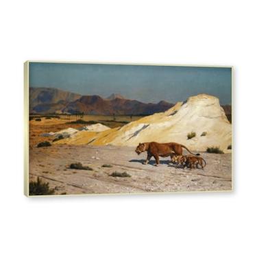 Imagem de Moldura de champanhe. Famosas pinturas a óleo (leoa e filhotes) de Jean Leon Gerome, reprodução impressa em tela, arte de cenário para decoração de sala de estar. 30 x 45 cm - 11,8 x 17,7 pol